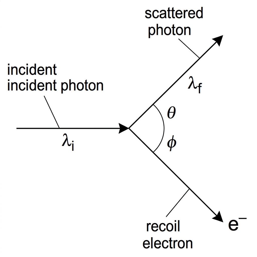 Annotated vector diagram of a Compton scattering event: incident photon direction, scattered photon at a labelled angle, and recoil electron at a different angle. Include labels for $\lambda_i$, $\lambda_f$ and photon directions.