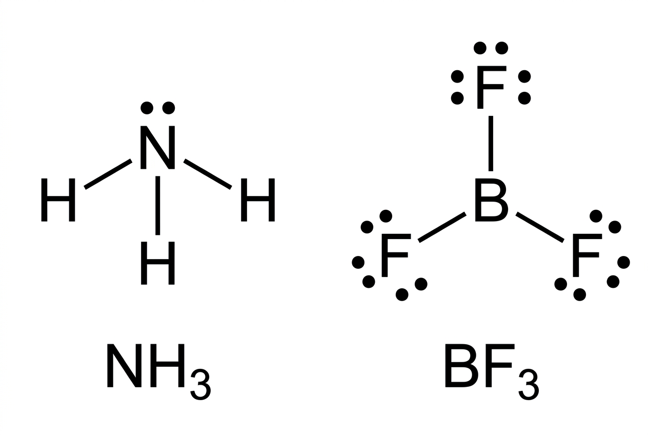 Lewis formulas of NH3 and BF3 before reaction. NH3 should show a lone pair on nitrogen; BF3 should show boron bonded to three fluorine atoms with an incomplete octet. No product coordinate bond or curly arrow should be shown.