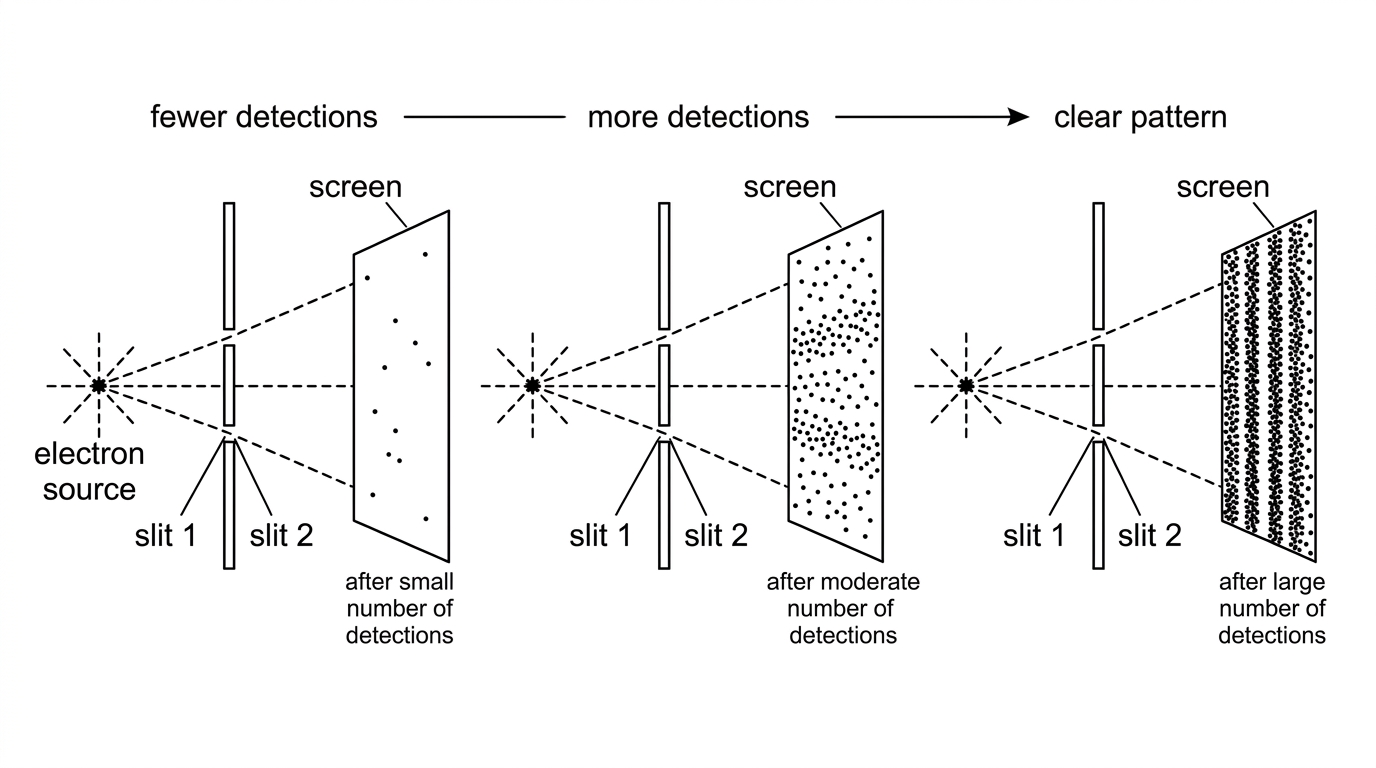 Sequence of detector-screen images for a double-slit electron experiment: initially sparse localized dots, then a developing banded interference pattern after many detections. Include labelled slits and screen but no numerical data.