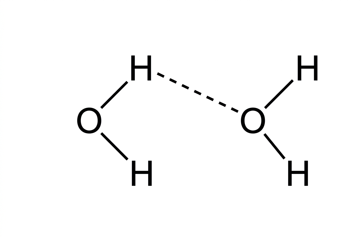 Diagram of two bent water molecules with solid O—H bonds and one dashed line between the hydrogen atom of one molecule and the oxygen atom of the other; atoms labelled O and H, but partial charges omitted.