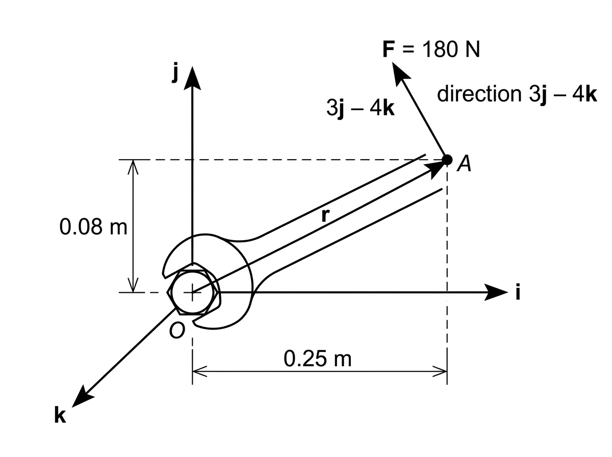 A diagram of a wrench turning a bolt, showing the lever-arm vector from the bolt to the point where the force is applied and the three-dimensional force direction.