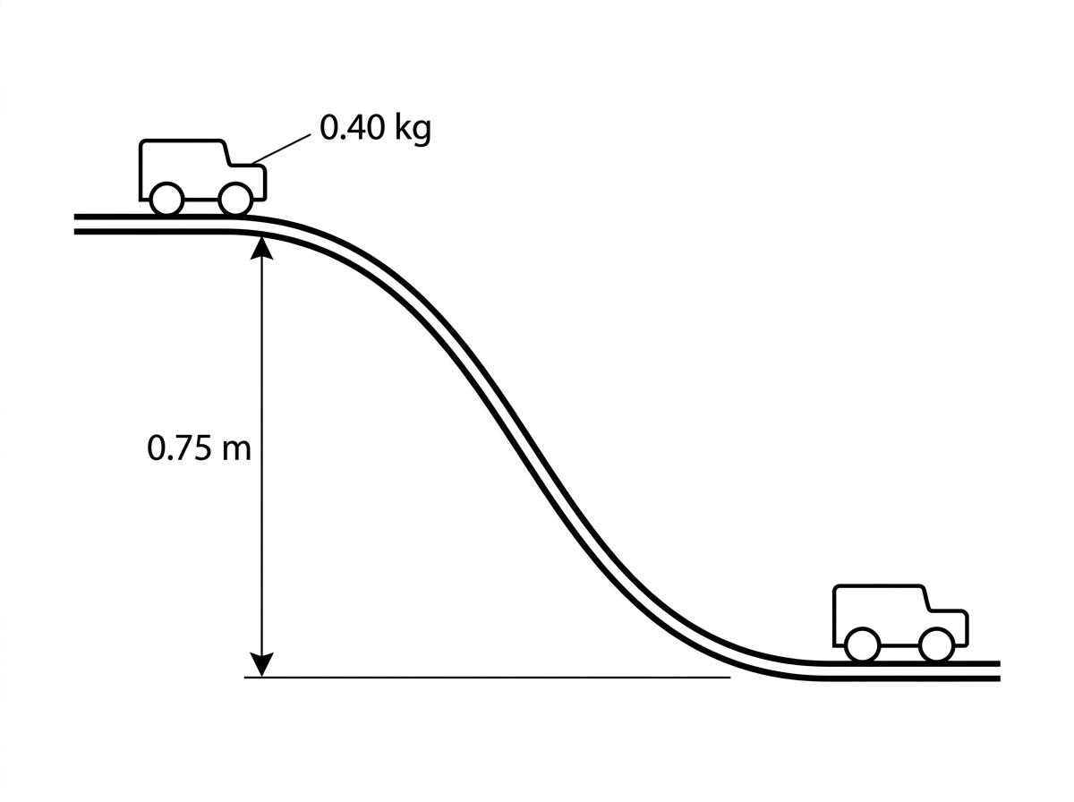 Curved frictionless track with a toy car at the top and bottom; vertical height difference labelled.