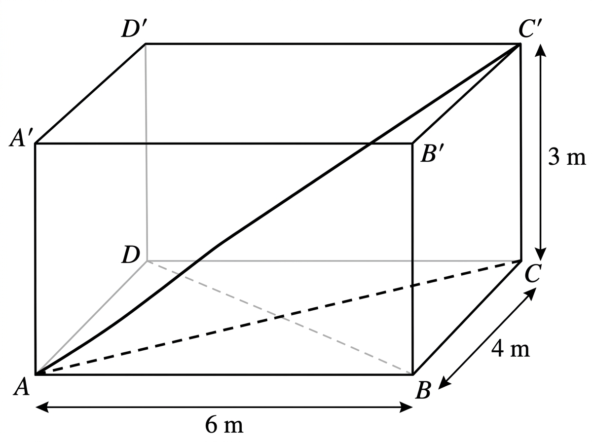 A rectangular cuboid representing a room, with the cable joining a lower vertex to the opposite upper vertex. The cable's orthogonal projection onto the floor and the room dimensions are labelled.