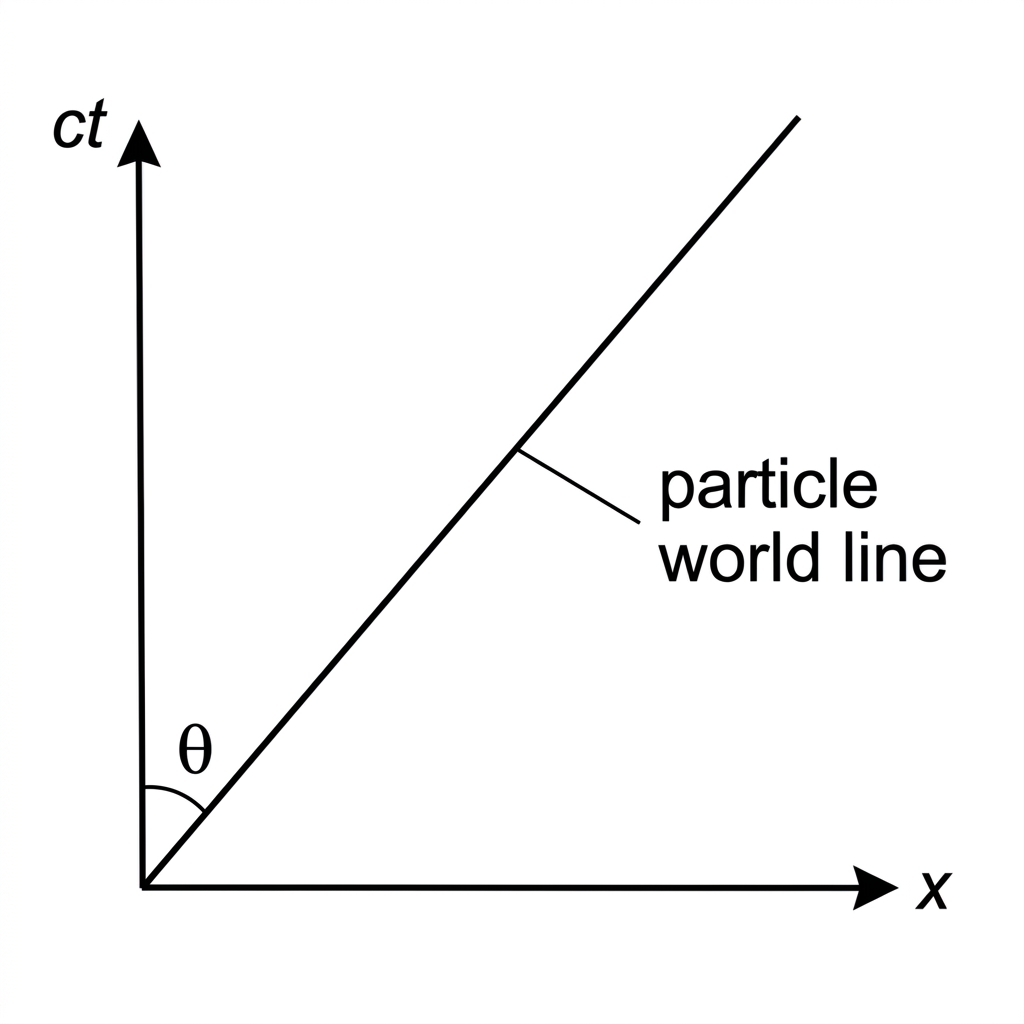 Spacetime diagram with x horizontal, ct vertical, and a straight particle world line making an angle θ to the ct-axis; no numerical scale beyond the labelled angle.