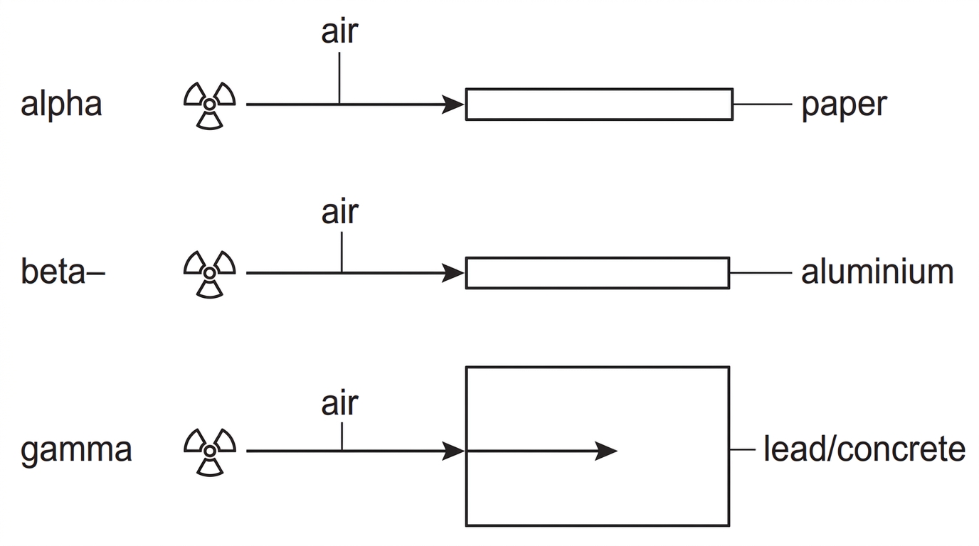 A three-row comparison diagram for alpha, beta-minus and gamma radiation. Each row shows a source, a short path through air, and different absorbing materials: paper, thin aluminium and thick lead or concrete. The diagram indicates relative penetration qualitatively without giving numerical ranges.