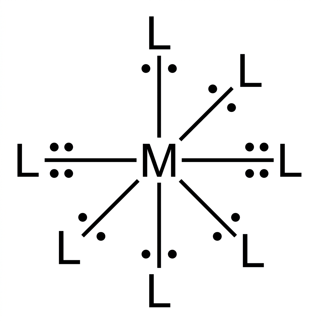An octahedral complex ion diagram with a central transition metal labelled M and six ligand positions around it. Ligands should be represented generically as L with lone pairs pointing toward M. No charges or specific complex formula should be calculated or shown.