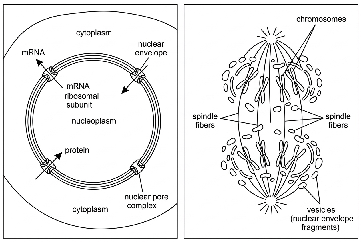 A two-part diagram. The first part shows a nucleus surrounded by a double nuclear envelope with pore complexes spanning both membranes and arrows showing traffic between cytoplasm and nucleoplasm. The second part shows fragments or vesicles of nuclear envelope membrane around separated chromosome groups during nuclear division.