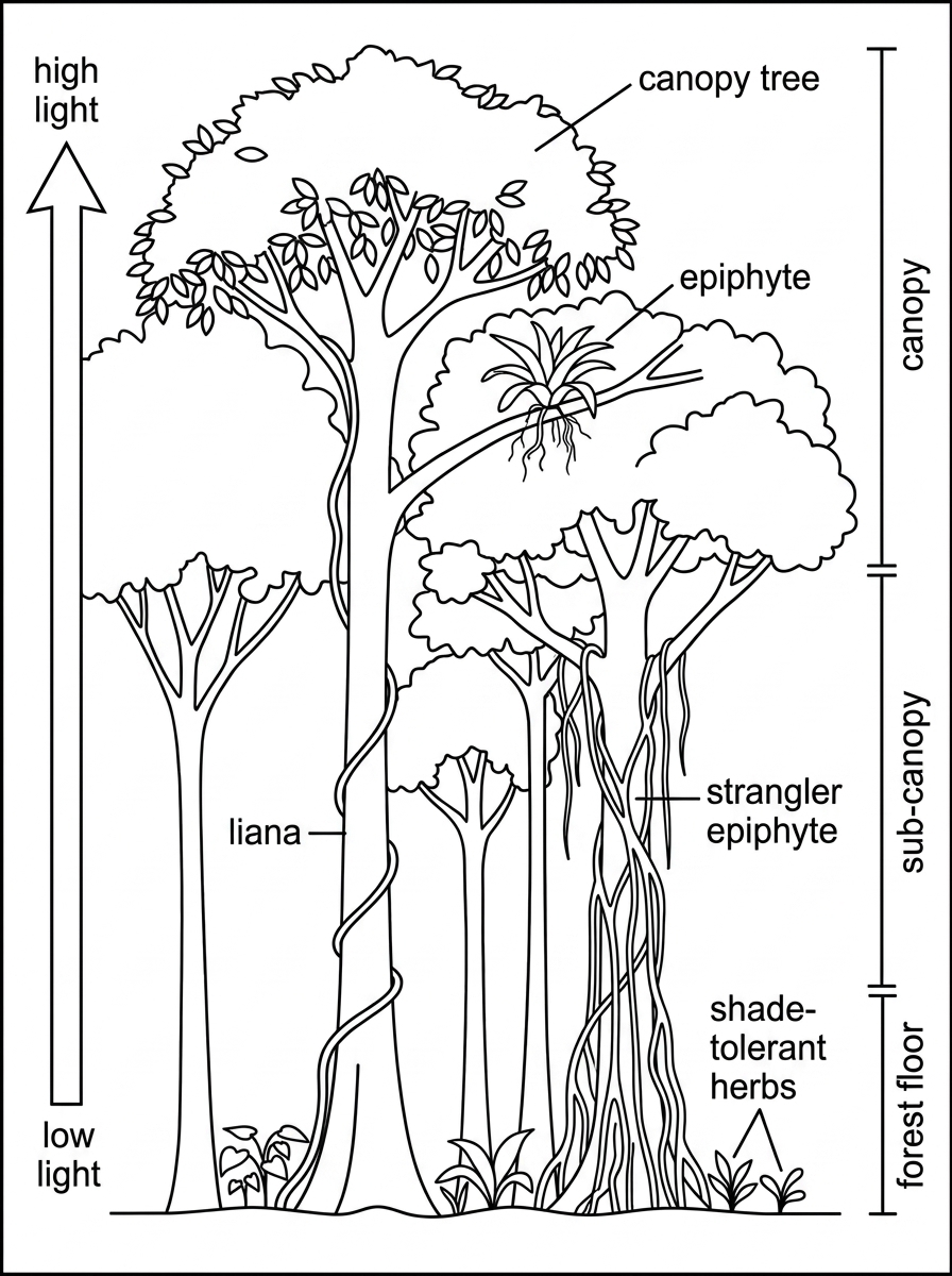 A vertical forest profile showing high canopy, trunks, branches and forest floor. Include labelled examples of a canopy tree, a liana climbing a trunk, an epiphyte growing on a branch, a strangler epiphyte surrounding a host tree and shade-tolerant herbs near the ground. A light gradient should show high light in the canopy and low light at the forest floor.