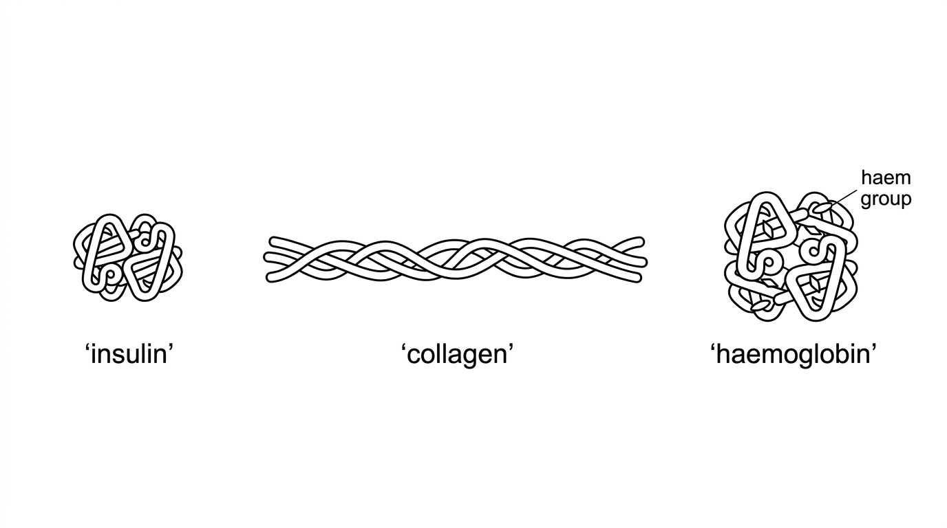 A three-panel schematic representing cryogenic electron microscopy reconstructions. Panel 1 shows a compact insulin molecule with two linked polypeptide chains. Panel 2 shows an elongated collagen molecule with three wound polypeptide chains forming a rope-like fibre. Panel 3 shows haemoglobin as a compact four-subunit protein with one small non-polypeptide group associated with each subunit. The panels are labelled insulin, collagen and haemoglobin but do not classify them as conjugated, non-conjugated, globular or fibrous.