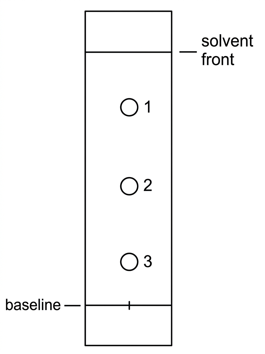 Paper chromatogram with a baseline, solvent front, and one sample lane showing three separated spots at different heights labelled 1, 2 and 3; the lowest spot is clearly closest to the baseline.