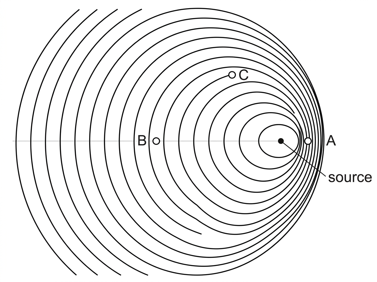 A top-view photograph-style diagram of circular water wavefronts from a source moving across the page, with wavefront spacing visibly smaller on one side and larger on the opposite side; three labelled observer positions around the source.