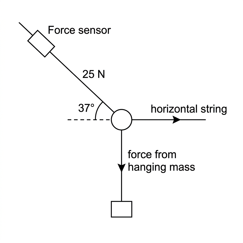 An annotated free-body diagram of a ring represented by a small circle with three labelled force arrows from its centre: a sloping tension up and to the left from a force sensor, a horizontal tension to the right, and a vertical downward weight from a hanging mass. The diagram shows the angle between the sloping tension and the horizontal and gives the relevant force magnitudes or sensor reading needed for equilibrium analysis.