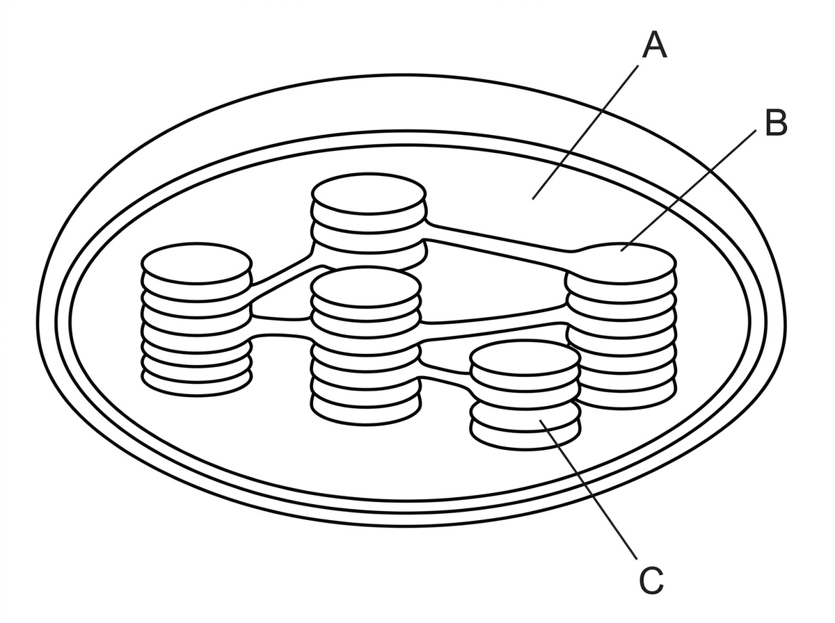 A simplified chloroplast diagram with double outer envelope, stacks of flattened thylakoid sacs forming grana, connecting thylakoid membranes and surrounding stroma. Use letter labels for thylakoid membrane, thylakoid lumen and stroma without giving their functions.