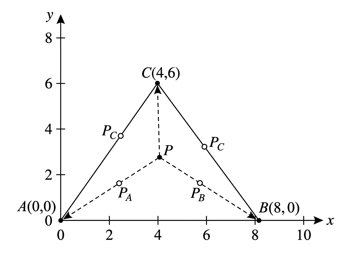 A triangular fractal construction showing a point $P$ moving halfway towards each of the labelled vertices $A$, $B$ and $C$. Show dashed segments from $P$ to all three vertices, with exactly one halfway point on each segment, labelled $P_A$, $P_B$ and $P_C$ respectively. In particular, remove the two open circles labelled $P_C$ on the sides of the triangle and show a single point labelled $P_C$ at the midpoint of the dashed segment $PC$, satisfying $P_C=\frac12P+\frac12C$. Retain the corresponding halfway points on $PA$ and $PB$. Do not display the transformation rules or matrix equations.