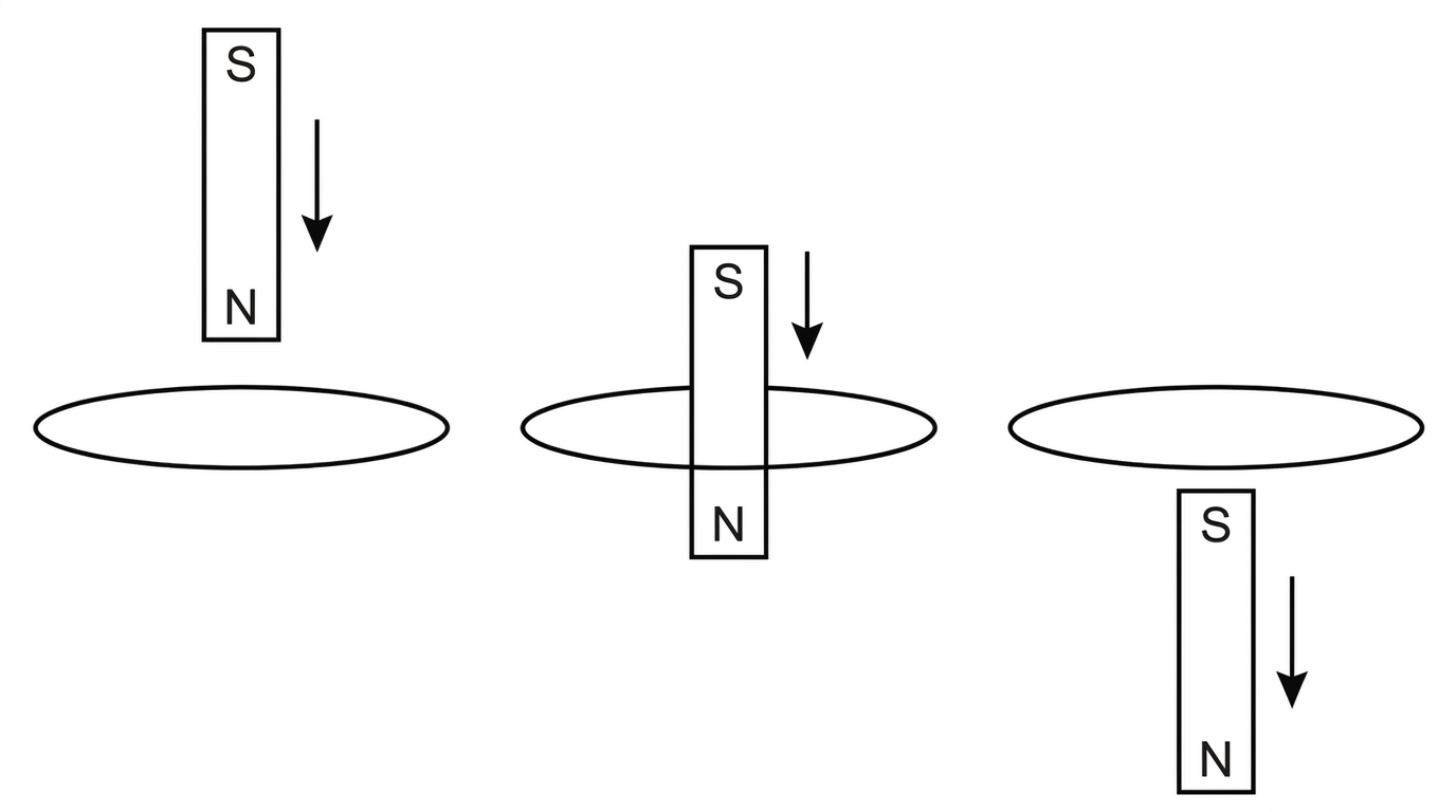 A vertical bar magnet labelled N at the lower end and S at the upper end falling downward through a horizontal conducting ring. A downward velocity arrow is shown. The ring is connected to no external power supply. The diagram should show positions above, in the plane of, and below the ring as a motion sequence without showing current directions.