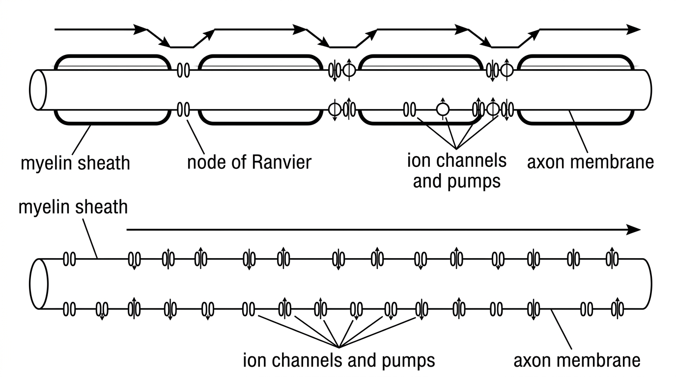 A side-by-side comparison of a myelinated axon and a non-myelinated axon of the same diameter. The myelinated axon has myelin sheath segments separated by nodes of Ranvier, with ion channels and pumps clustered at the nodes. The non-myelinated axon has channels distributed along the membrane. Arrows indicate the route of impulse propagation but do not label it as saltatory conduction.