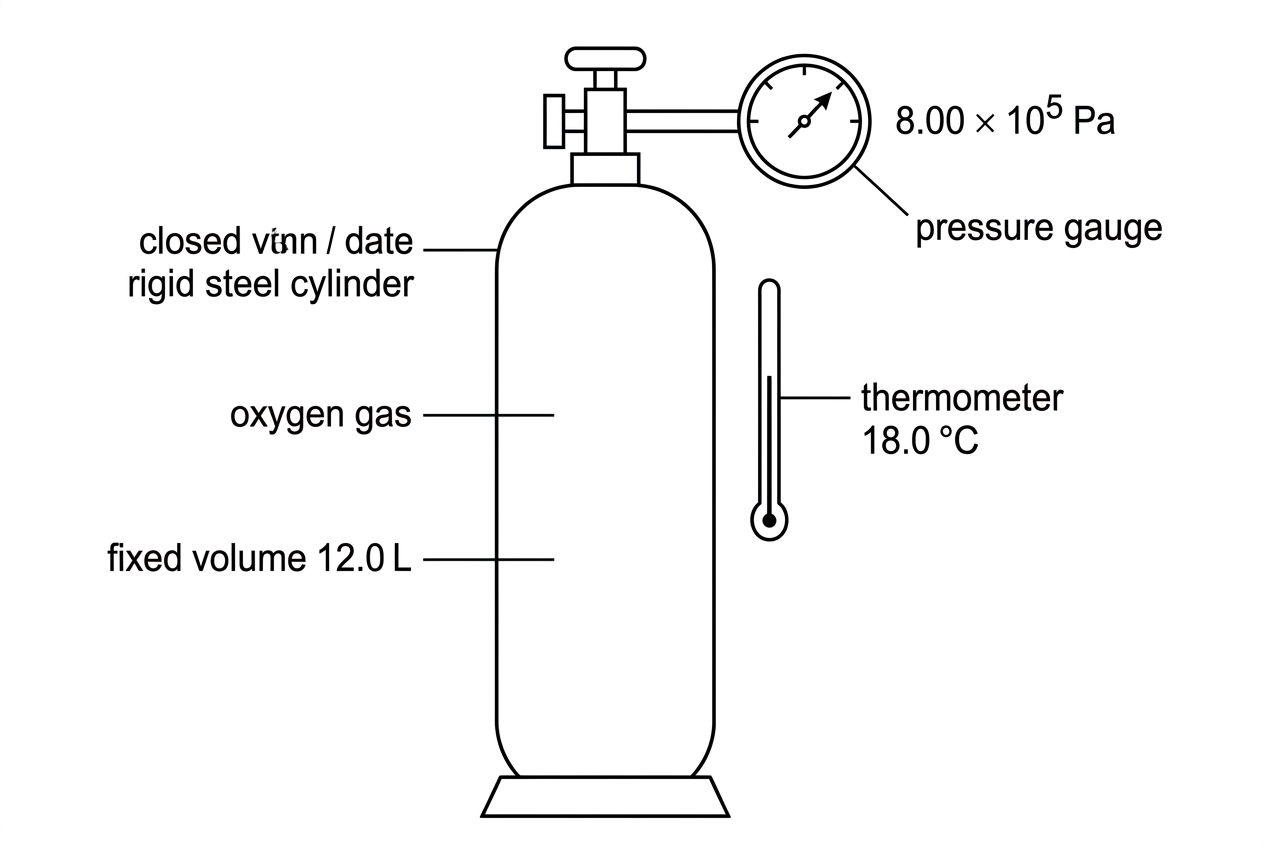 A labelled steel gas cylinder connected to a pressure gauge and thermometer. The cylinder label indicates oxygen, fixed volume, and no visible leaks. The diagram should show the gas cylinder as rigid and closed.