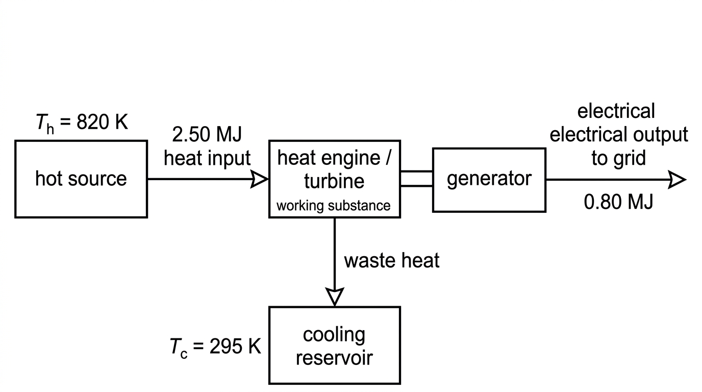 A simplified block diagram of a thermal power station showing hot source, heat engine or turbine, generator, electrical output, and waste energy transferred to a cooling reservoir.