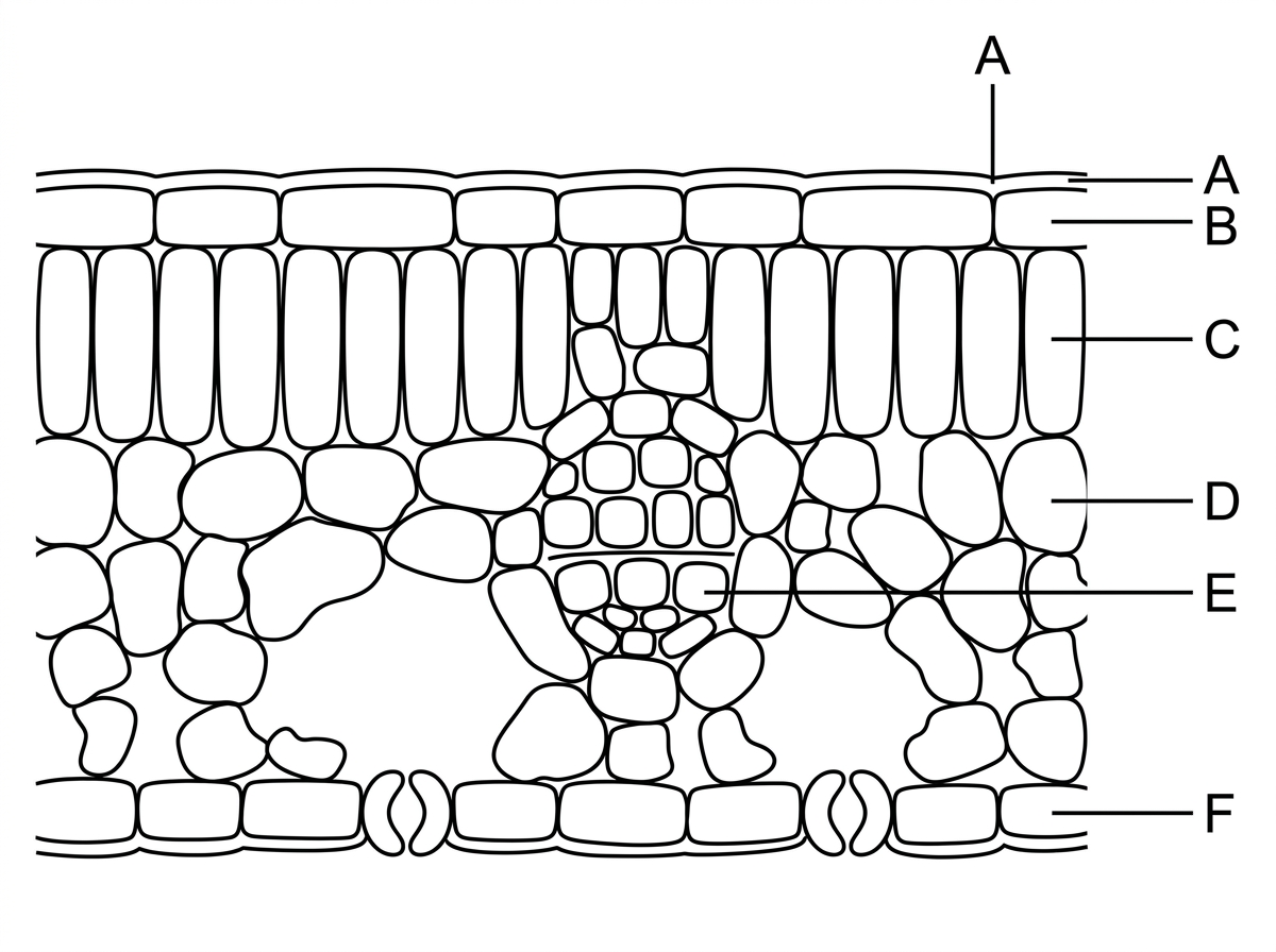 A labelled plan-style diagram of a dicot leaf transverse section. It shows upper epidermis and cuticle, palisade mesophyll, spongy mesophyll with large air spaces, a vascular bundle with xylem towards the upper side and phloem towards the lower side, lower epidermis, and stomata with guard cells. Tissues are labelled with letters A to F but not named.
