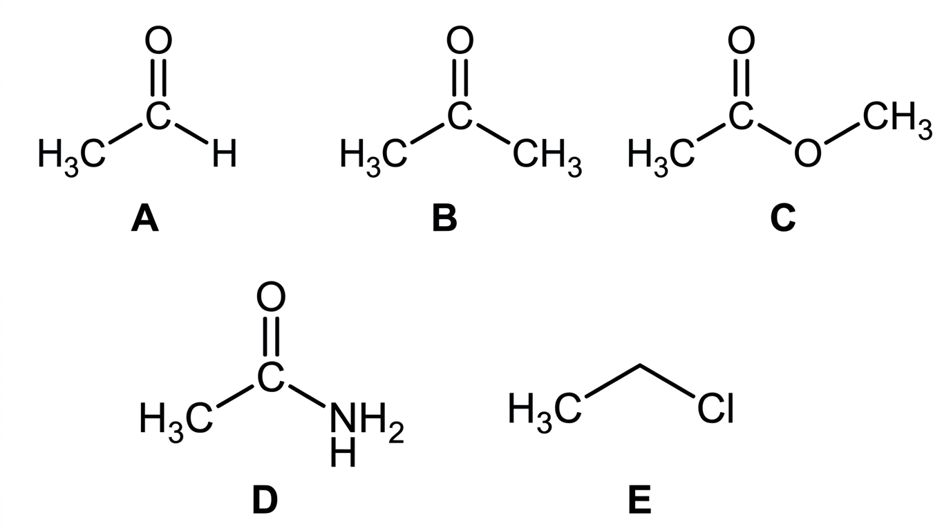 Annotated stimulus showing five displayed organic structures labelled A to E. The set includes an aldehyde, a ketone, an ester, an amide and a halogenoalkane. Each structure must show the relevant atoms and bonds clearly, including terminal and non-terminal carbonyl positions.