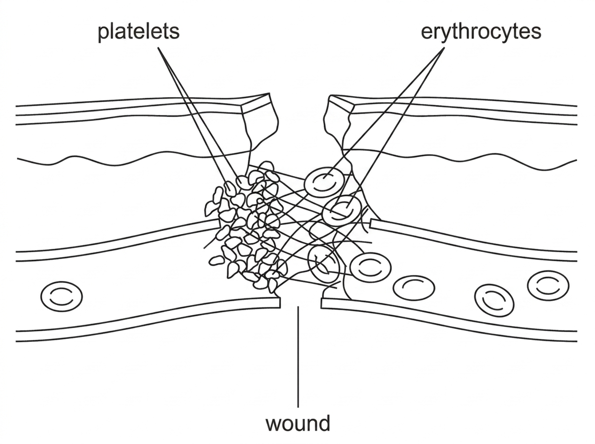 A simple labelled diagram of a cut blood vessel near the skin surface. It shows platelets collecting at the damaged region, a mesh of fibrin threads spanning the wound and erythrocytes trapped in the mesh. The labels identify platelets, erythrocytes and the wound, but do not label the soluble precursor protein or the enzyme that converts it.