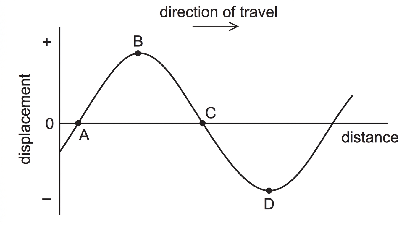 A sinusoidal displacement–distance graph for a longitudinal wave with four labelled points: two zero crossings, one crest and one trough. The graph must make clear the sign of displacement and the direction of travel, without identifying compression or rarefaction.