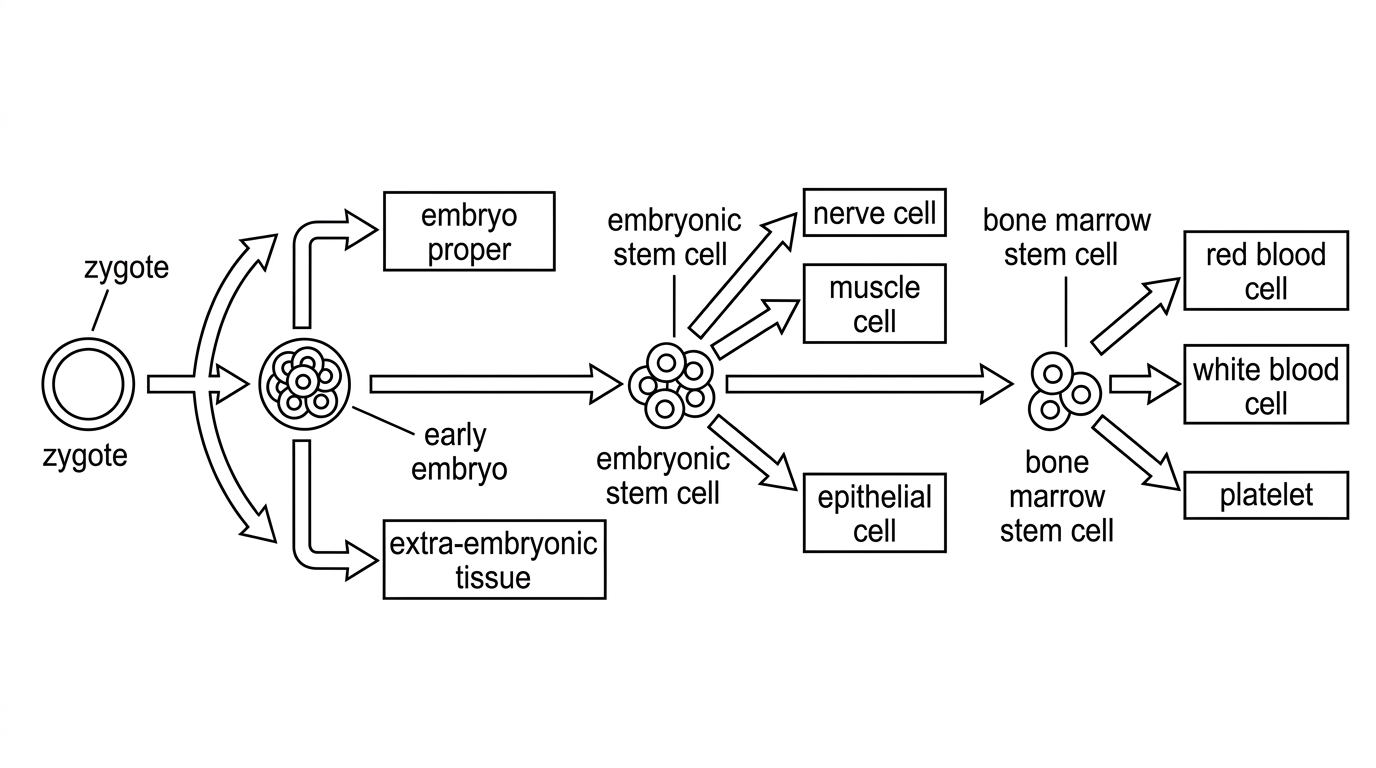 A branching developmental pathway beginning with the zygote and early embryo, then showing later embryonic cell groups and adult tissue stem cells. The figure should indicate narrowing potential through fewer branches at later stages, without naming the potency categories.