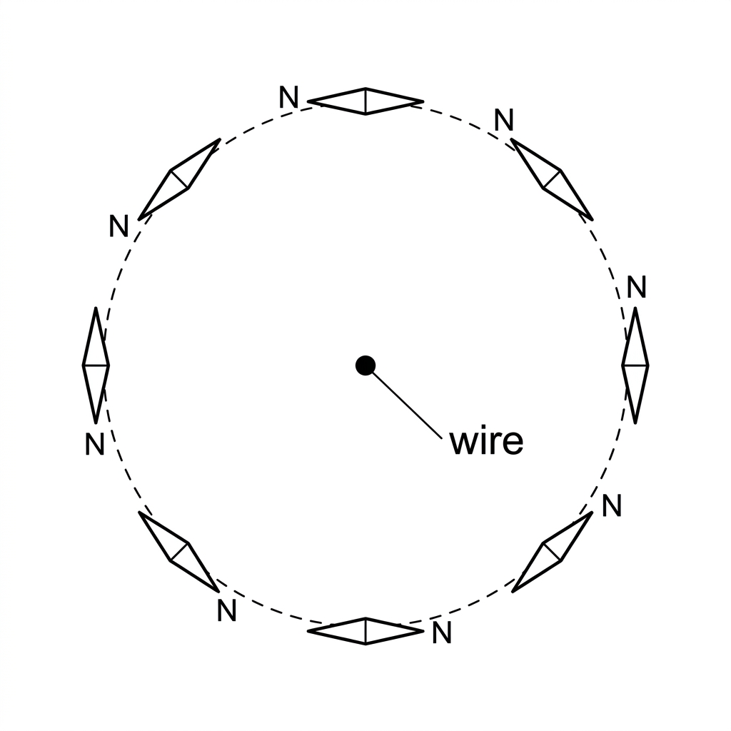 Top-view diagram of a straight wire passing through the page, surrounded by several compass needles tangent to circular paths; include a symbol or label that allows current direction to be inferred but do not state it in the caption.