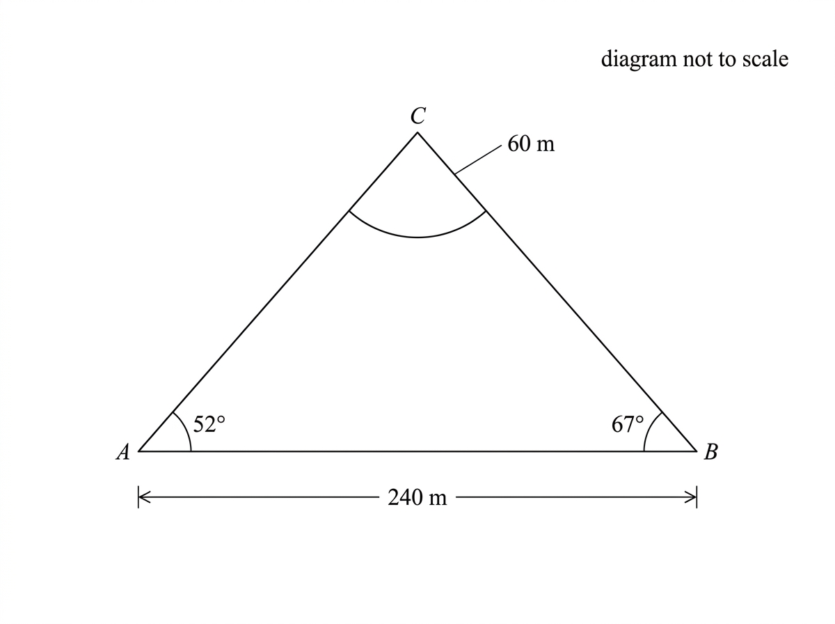 A labelled surveying diagram of triangle ABC with baseline AB, the given angles at A and B, and a circular sector of radius 60 m centred at C lying inside the triangle.