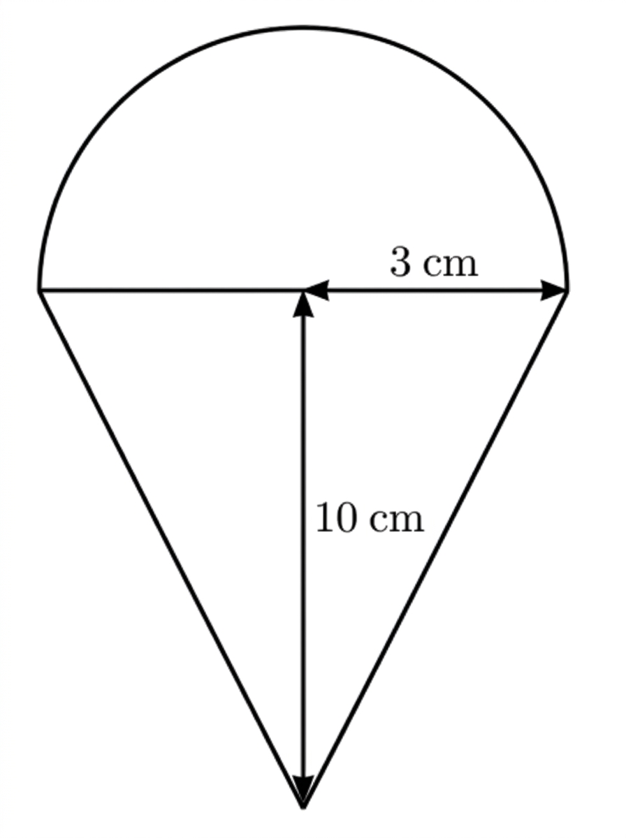 A composite dessert consisting of a hemisphere joined to a right cone along their common circular boundary, with the radius and perpendicular cone height labelled.