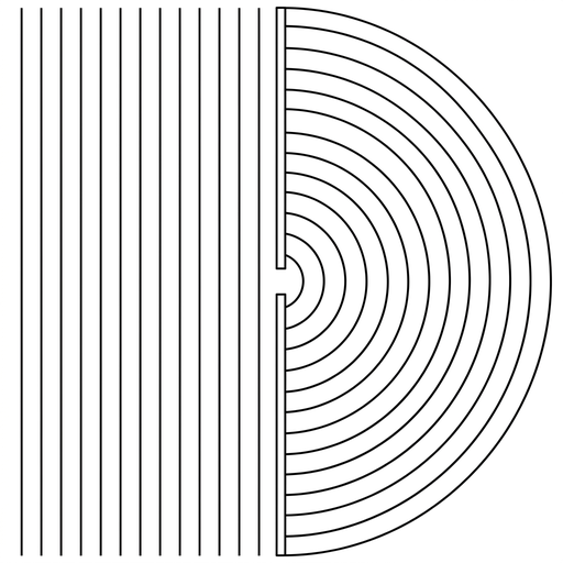 A horizontal barrier with a central gap. Plane wavefronts approach the gap normally from the left. On the right side, draw semicircular wavefronts spreading out from the gap, with the same spacing as the incident wavefronts.