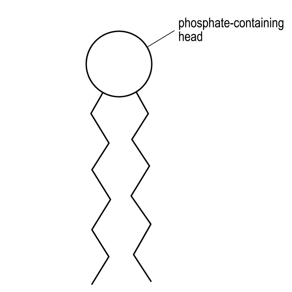 A simple phospholipid diagram with a labelled phosphate-containing head and two unlabelled hydrocarbon tails; no bilayer arrangement is shown.