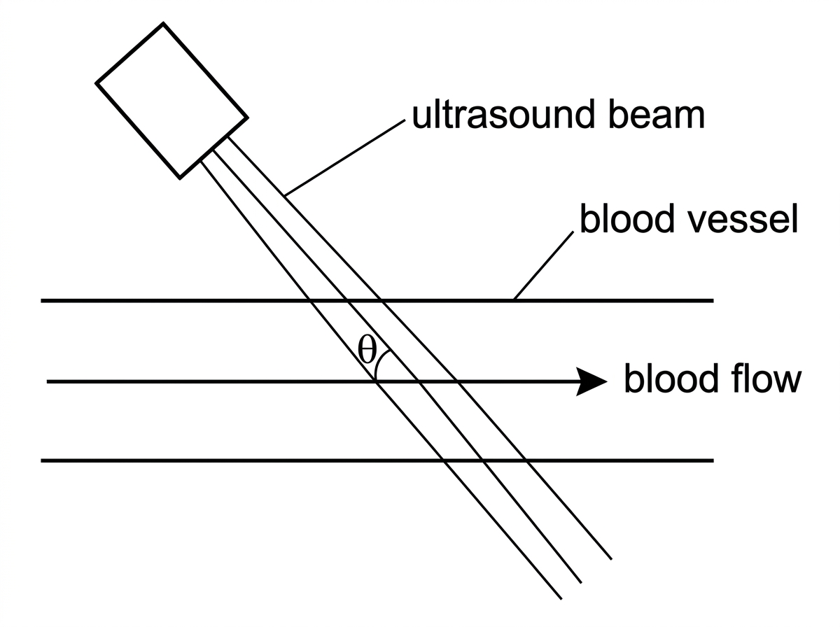 Ultrasound transducer aimed at a blood vessel, showing the ultrasound beam at an angle theta to the direction of blood flow; labels for beam, vessel, and flow direction.