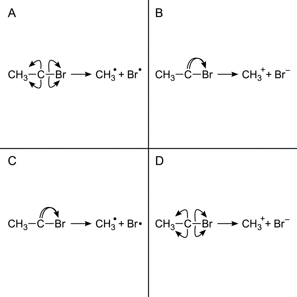 Four labelled diagrams, A to D, showing possible breaking of the C-Br bond in bromomethane. The diagrams differ in whether a double-barbed curly arrow or single-barbed fish-hook arrows are used and whether the products are ions or radicals. The correct heterolytic representation is included but not indicated.