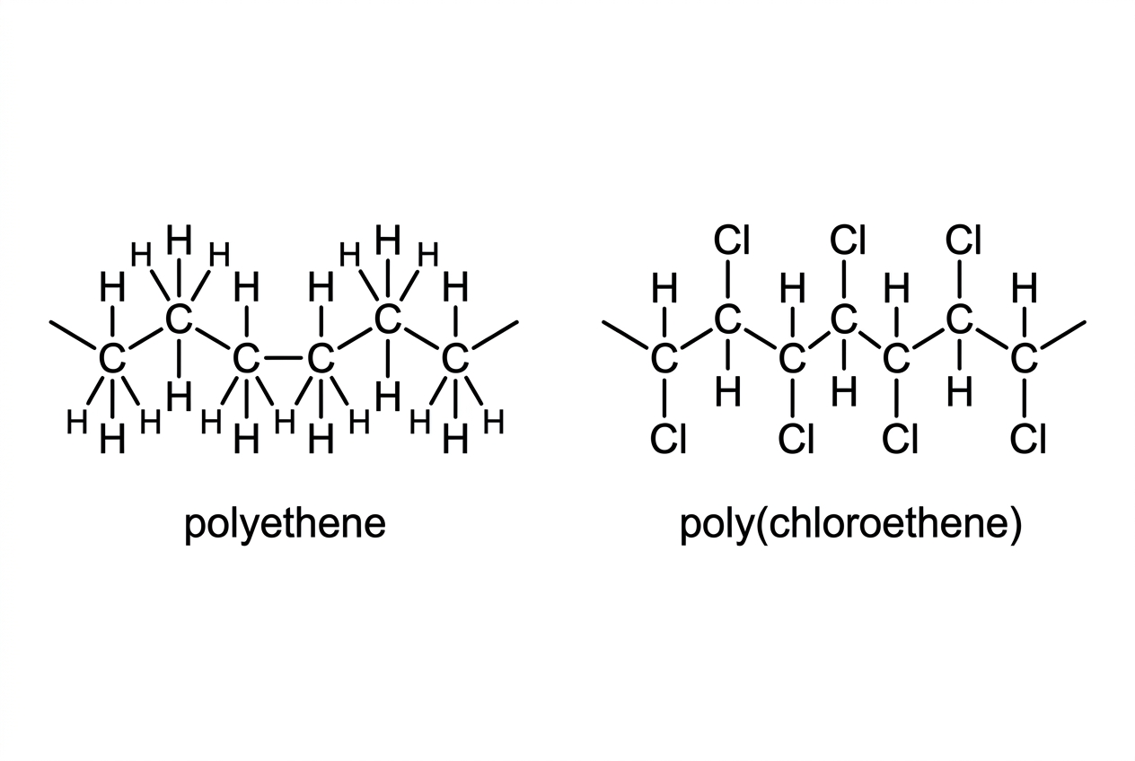 Two short polymer chain segments shown side by side. One segment represents polyethene with only hydrogen atoms attached to the carbon backbone. The other represents poly(chloroethene) drawn as alternating CH2-CHCl units, with chlorine substituents on every second backbone carbon only. The chains should be labelled polyethene and poly(chloroethene), without showing any explanatory annotations.