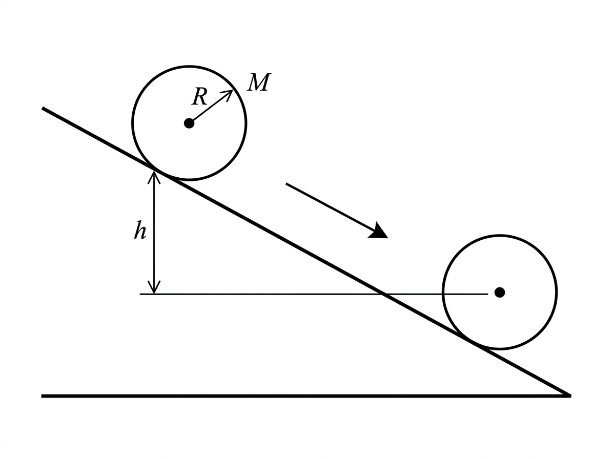 A side-view diagram of a solid cylinder rolling down an inclined plane. The cylinder is shown on the slope, with its centre of mass indicated and the vertical drop of the centre from the starting position to the bottom indicated symbolically as $h$. No numerical values or answer expressions are shown.