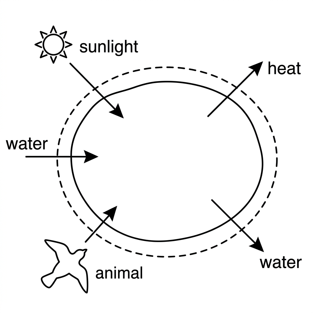 A simple diagram of a pond ecosystem with a dashed boundary around the pond. Arrows cross the boundary showing sunlight entering, heat leaving, water flowing in and out, and an animal moving across the boundary. The arrows are labelled only with the type of transfer, not with whether the system is open or closed.