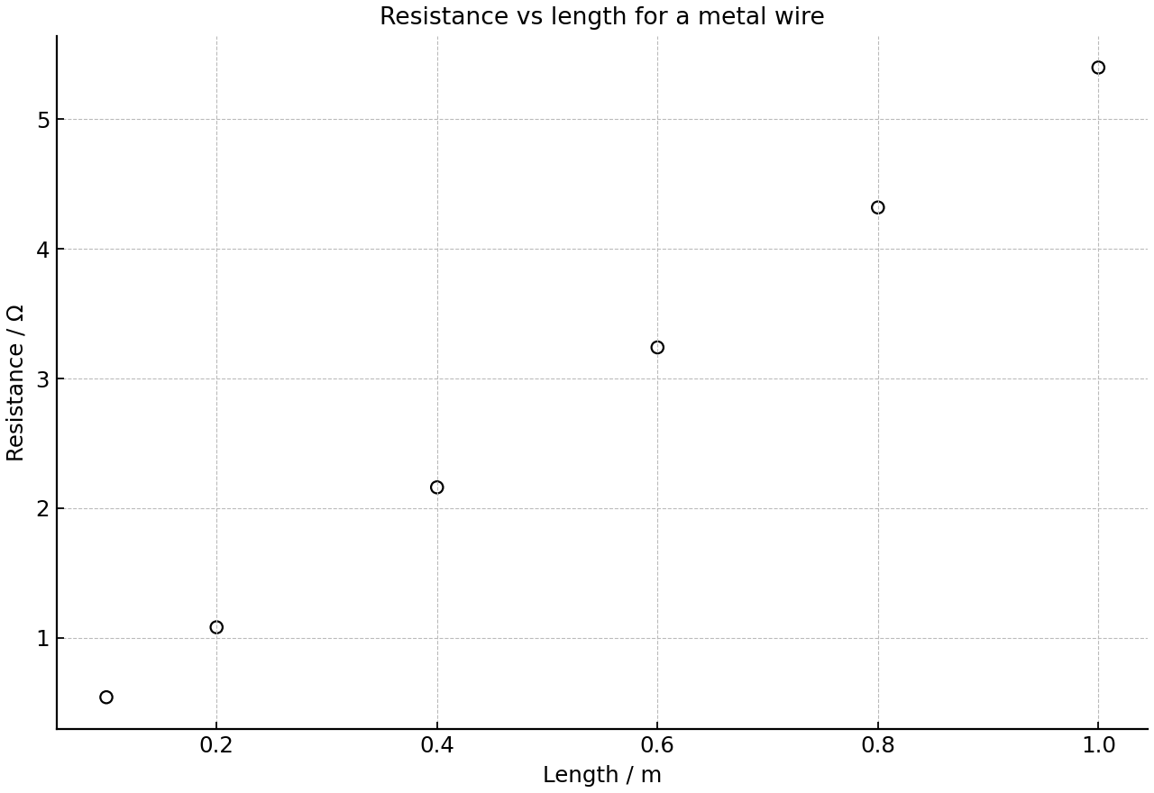 Experimental resistance-length data for a uniform metal wire.