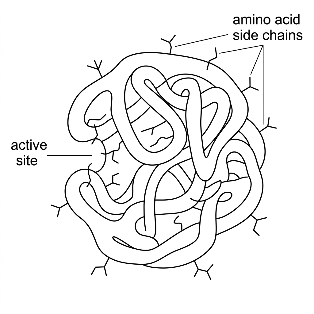 Diagram of a compact globular enzyme with a small labelled active site and several amino acid side chains shown in different regions of the folded protein; no substrate bound.