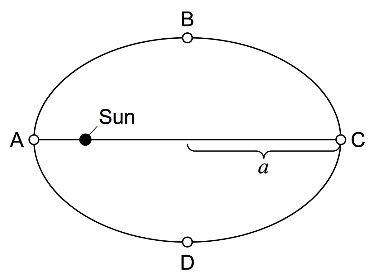 An elliptical orbit with the Sun marked at one focus, not at the centre. Four comet positions are labelled A, B, C and D around the ellipse, with A closest to the Sun and C furthest from the Sun. The semi-major axis is indicated but no numerical scale is shown.