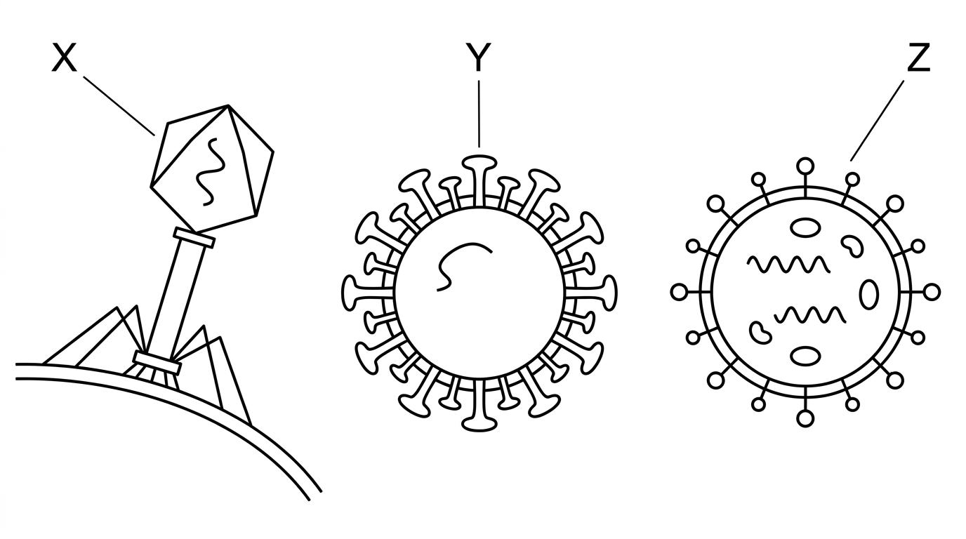 Diagram of three stylized virus particles labelled X, Y and Z: X has a polyhedral head and tail fibres attached to a bacterial surface; Y is a spherical enveloped virus with prominent crown-like spikes; Z is an enveloped virus with surface glycoproteins and internal enzyme symbols. Labels must not name the viruses.