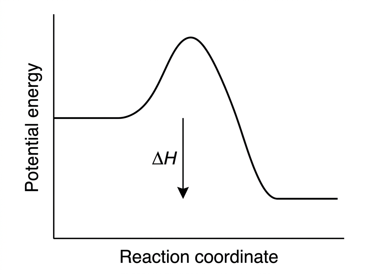 A simple energy profile with vertical axis labelled âPotential energyâ and horizontal axis labelled âReaction coordinateâ. The reactants are shown on a horizontal line at a higher potential energy than the products. A single smooth curve rises from the reactants to one peak and then falls to the products. A vertical arrow labelled $\Delta H$ points downward from the reactant level to the product level. No numerical values are included.