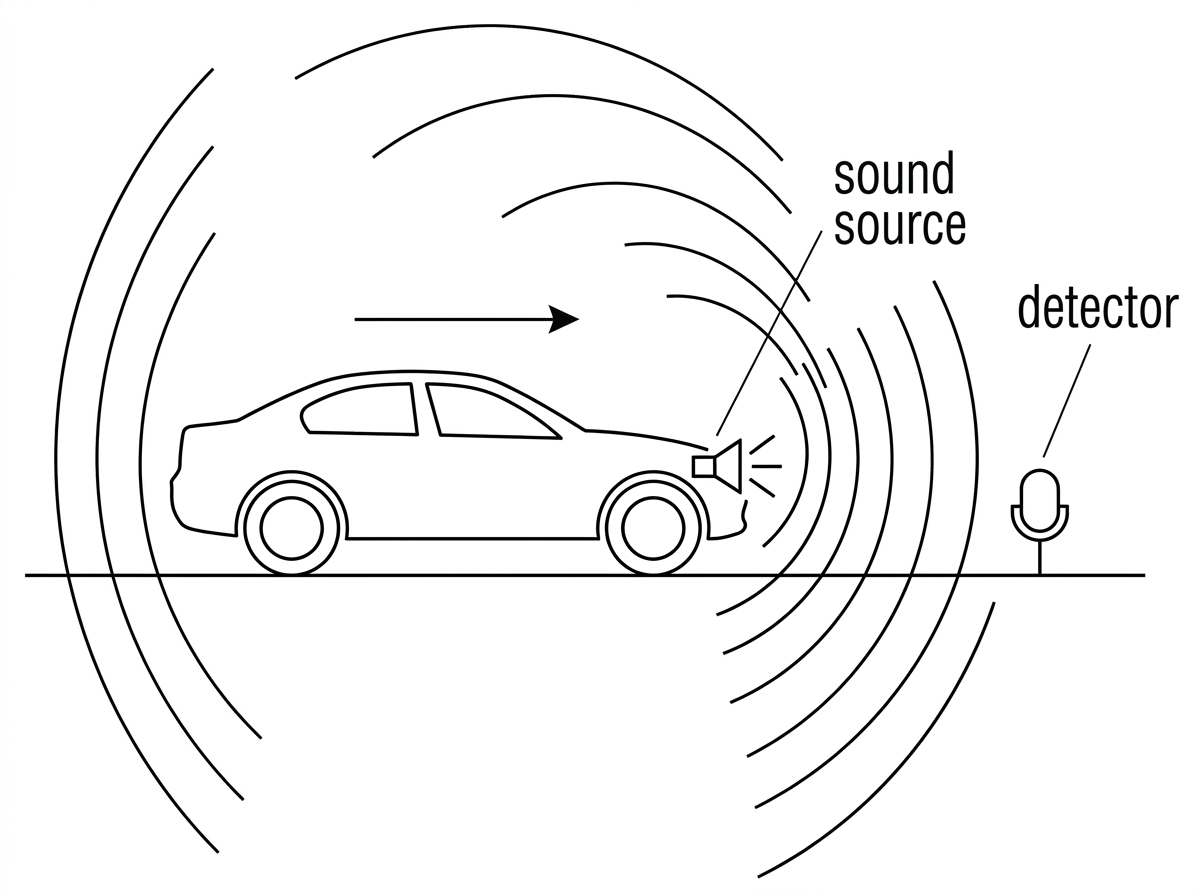 A side-view road diagram showing a car moving towards a stationary detector. The car is labelled as the sound source and has an arrow towards the detector. Curved wavefronts are closer together in front of the car than behind it.