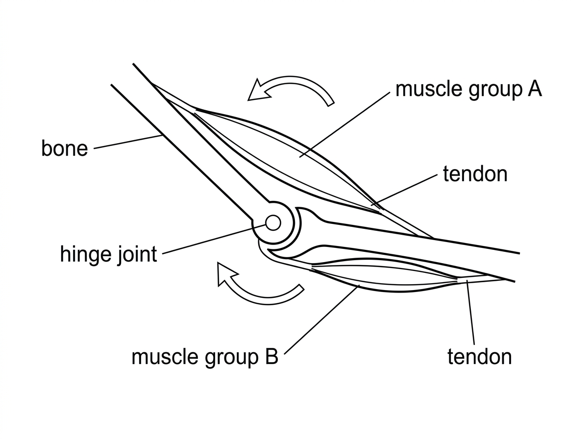 Simple diagram of a hinge joint with two opposing muscle groups attached to bones, showing one muscle on each side of the joint and arrows for opposite movements.