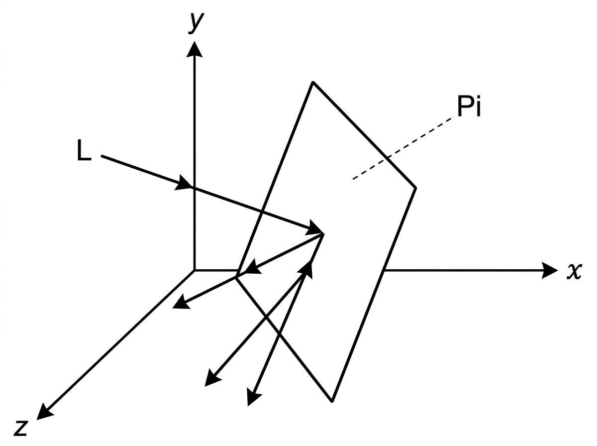A three-dimensional diagram showing a plane mirror labelled Pi and an incoming ray labelled L meeting the plane. A normal vector to the plane is drawn at the point of contact, and a reflected ray is indicated without numerical labels.