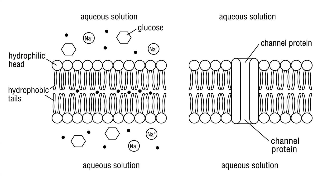 A cross-sectional diagram of an artificial phospholipid bilayer separating two aqueous compartments. Hydrophilic heads face each solution and hydrophobic tails form the central core. Small non-polar molecules are shown distributed on both sides and within the bilayer, while glucose molecules and $Na^+$ ions are shown remaining outside the hydrophobic core. No transport proteins are shown in the first membrane; a second adjacent membrane includes a labelled transmembrane channel.
