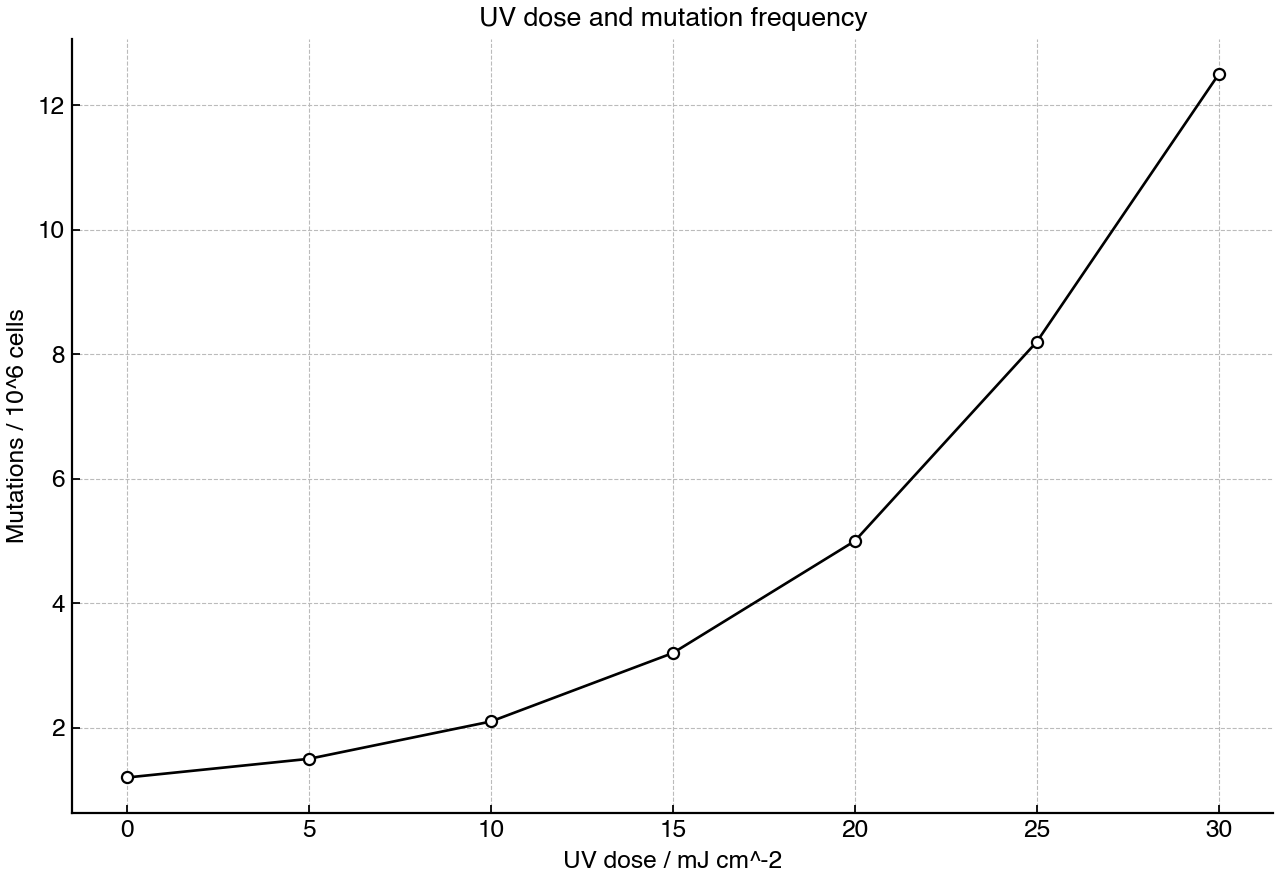 Mutation frequency in cultured human cells after exposure to different UV radiation doses.