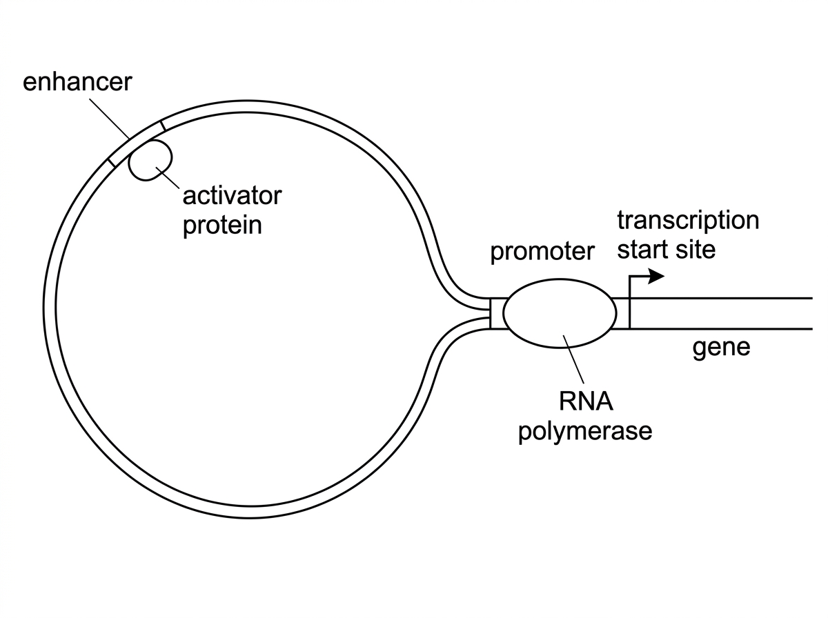 Simple gene-regulation diagram showing a gene with a labelled promoter close to the transcription start site, a distant enhancer, a bound activator protein, RNA polymerase at the promoter, and DNA looping bringing enhancer and promoter regions near each other.