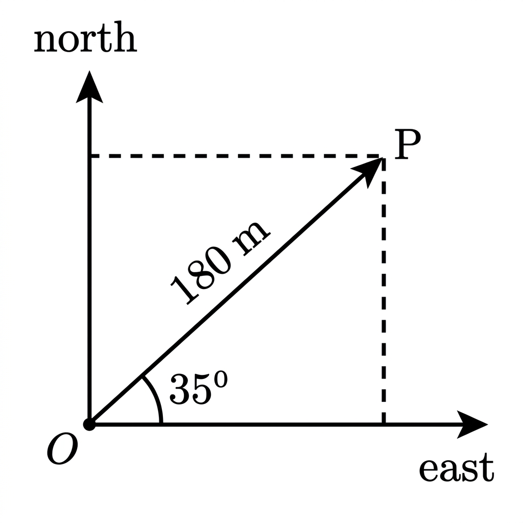 Vector diagram on horizontal north-east axes. A single displacement vector is drawn from the origin into the first quadrant, labelled with its magnitude and angle above the east direction. The horizontal and vertical components are indicated by dashed projection lines but their numerical values are not shown.