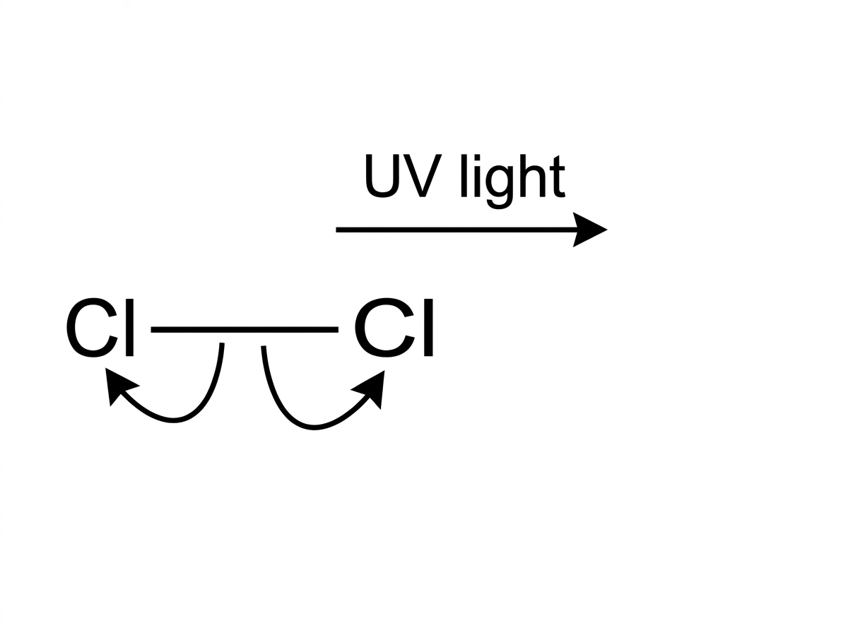 A simple mechanism diagram showing a chlorine molecule with a single bond between two labelled Cl atoms and space for two single-barbed arrows from the bond to each chlorine atom; UV light is indicated above the reaction arrow, but no products are shown.